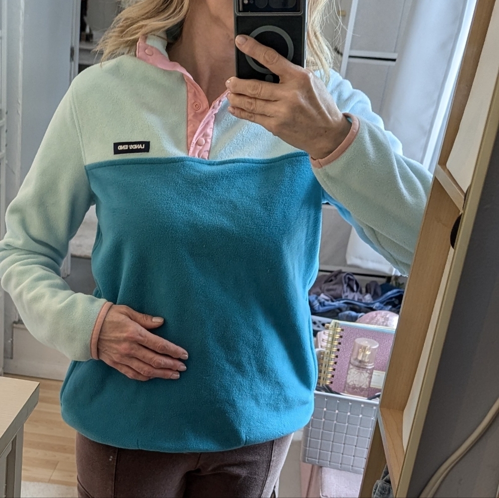 Lands' End retro look, new last winter, fleece aqua, teal, pink, snaps, small - Picture 2 of 15